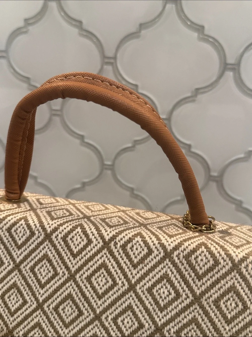 Cream and Tan Diamond-Pattern Satchel